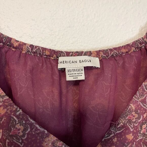 American Eagle Plum Mesh Boho Cropped Puff Sleeve Blouse Size XS - Picture 2 of 9